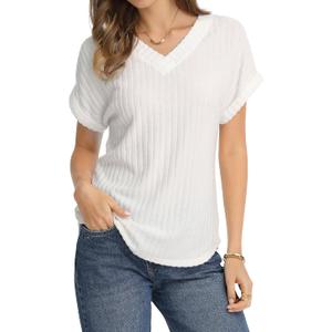 QUALFORT Women's V Neck Tops Short Sleeve Loose Fit Ribbed Knit Casual Shirts Spring Summer Blouses Basic Tee 2026 (White, M)