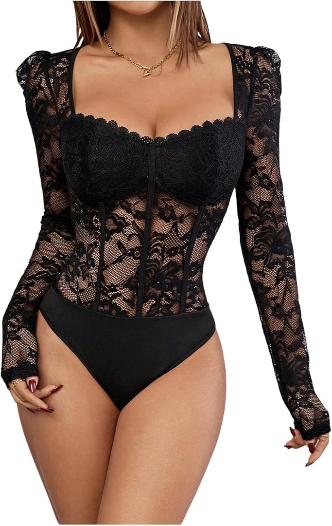 OYOANGLE Women's Floral Lace Long Sleeve V Neck Corset Mesh Leotard Bodysuit Sweetheart Neck Going Out Slim Fit Tops Jumpsuit (Medium, Black)