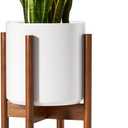 LE TAUCI 10 Inch Planter with Acacia Wood Stand, Ceramic Planter for Indoor Plants with Plant Holder, Mid-Century Modern Home Decor, Round Flower Pots with Drainage Hole, White