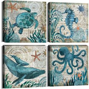 Bathroom Wall Art Beach Decor Ocean Sea Turtle Octopus Canvas Pictures Coastal Room Decor Teal Bathroom Accessories Vintage Whale Seahorse Poster Modern Nautical Painting Bedroom Home Decorations (12x12in)