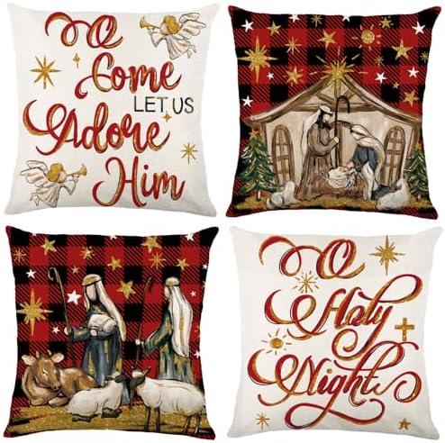 Heirloom Haven 4pcs Christmas Pillow Covers 18x18in O Holy Night Jesus Buffalo Plaid Stars Throw Pillow Covers Xmas Winter Holiday Seasonal Cushion Case Decorations for Farmhouse Couch Sofa Home Decor Heirloom Haven 4pcs Christmas Pillow Covers 18x18in O Holy Night Jesus Buffalo Plaid Stars Throw Pillow Covers Xmas Winter Holiday Seasonal Cushion Case Decorations for Farmhouse Couch Sofa Home Decor