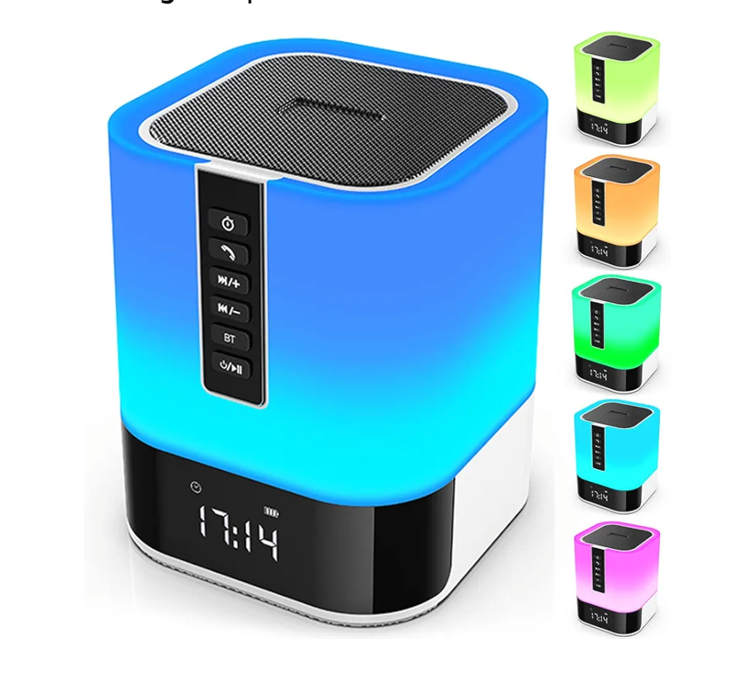 Night Light Bluetooth Speaker, 5 in 1 Touch Control Bedside Lamp Dimmable Multi-Color Changing, Bedroom Alarm Clock, Best Birthday Gift Ideas for 10 11 12 13 14 Year Old Teenage Girls/Boys