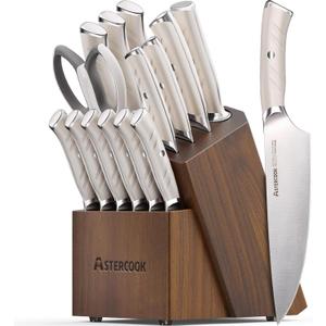 Knife Set, Astercook Kitchen Knife Set with Block, 15 Pcs Luxurious High Carbon German Stainless Steel Knives Set with Full Tang Ergonomic Handle, Dishwasher Safe Knife Block Set with Sharpening Rod