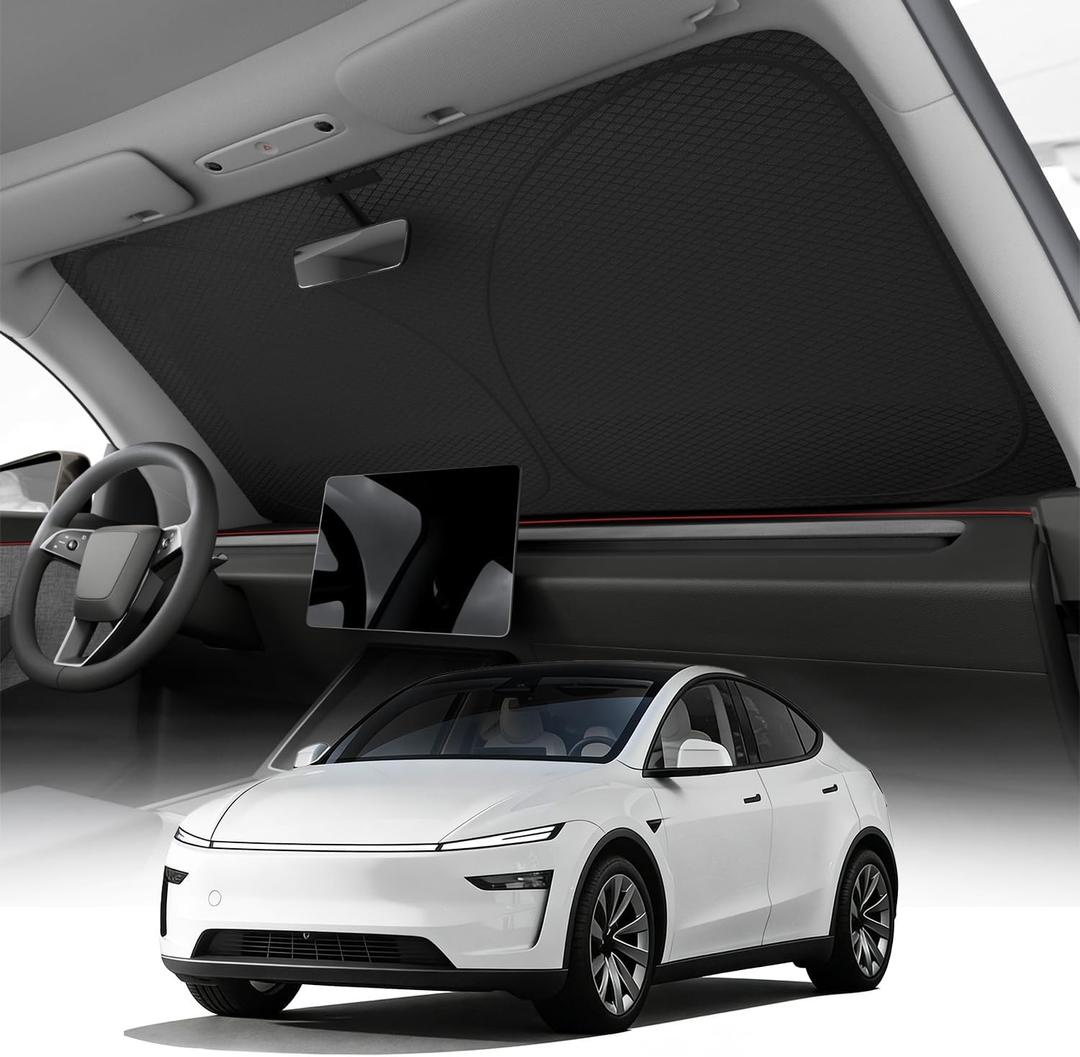 REEVAA 2026 3rd Pro Windshield Sunshade for 2019-2026 Tesla Model Y (Juniper) | Dual-Layer Heat & Sun Defense, OEM Design | Foldable Sun Shade Car Accessories with Storage Bag