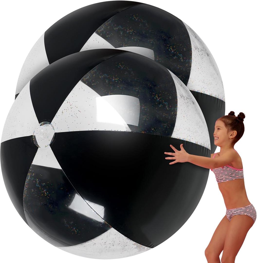 Ceenna 2 Pcs 60 Inch Giant Beach Ball Large Inflatable Pool Toy Balls Summer Swimming Toys Parties PVC Jumbo for Adults Summer Beach Pool Party Favor(Black Clear,Stylish)
