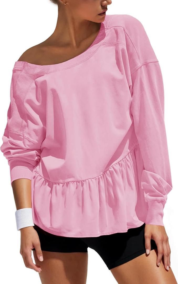 Fisoew Womens Long Sleeve Sweatshirts Crew Neck Peplum Crop Tops Casual Loose Fit Cutout Back Tee Shirts (L)