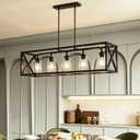 5 Lights Modern Farmhouse Metal Black Chandelier for Dining Room, Adjustable Height Linear Rectangular Pendant Light Fixture for Kitchen Island