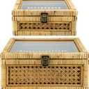 Rattan Square Box with Lid - Set of 2 Wicker Decorative Bins with Glass Cover for Display