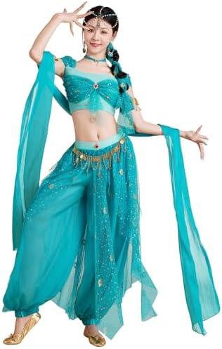 ELLYDOOR Arabian Jasmine Costume for Women Princess Dress Up Halloween Belly Dance Top Pants 4 Piece Outfit 
 S, Blue