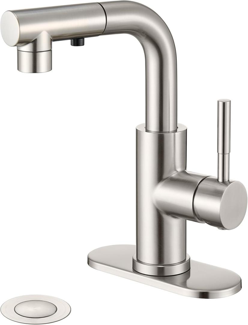 Ultimate Unicorn Brushed Nickel Single Handle Modern Bathroom Faucet with Pull Out Sprayer, 15.5" Retractable Hose, 360 Swivel Spout, Pop Up Drain, Stainless Steel, 1 Hole Installation