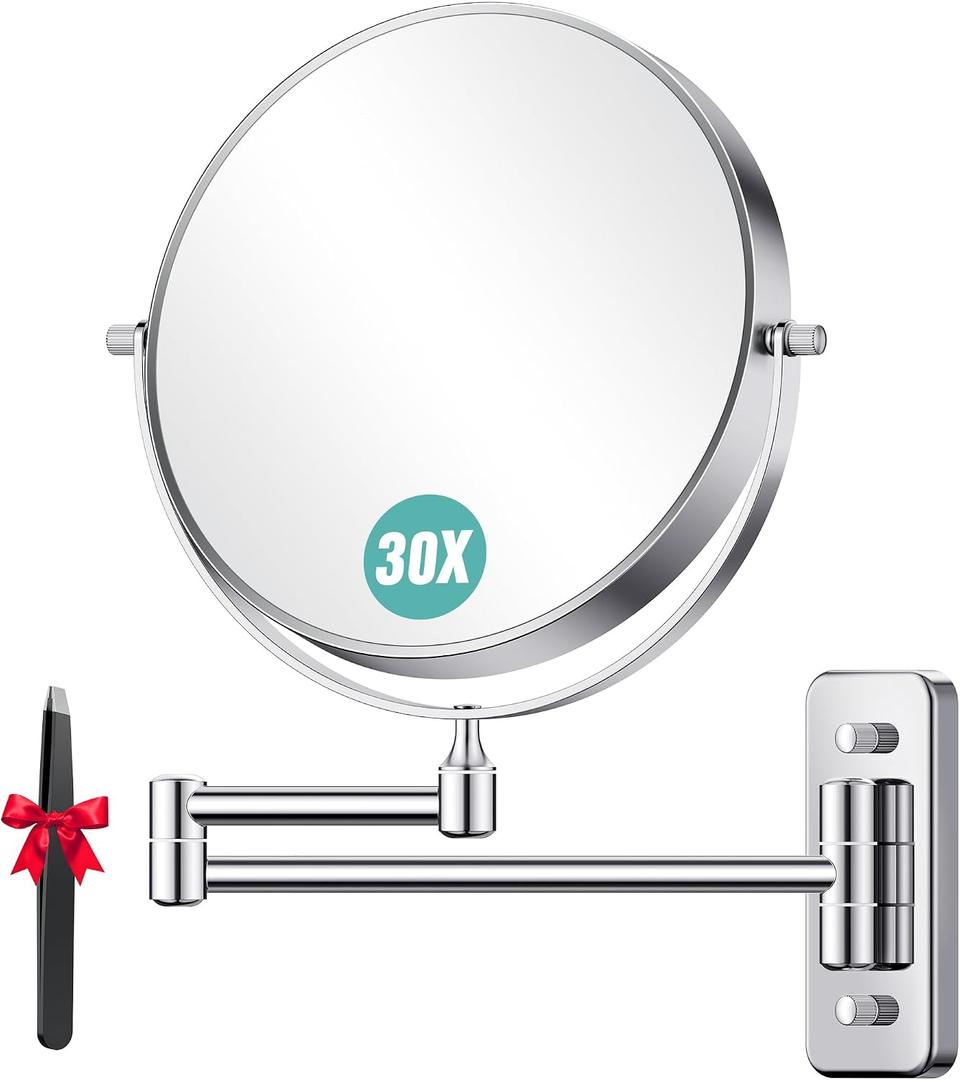 Auxmir 1X/30X Wall Mounted Makeup Mirror, 8'' Double Sided Magnifying Mirror with Tweezers, Bathroom Makeup Mirror, Cosmetic Vanity Mirror with 360 Rotation Extendable Swivel Arm, Chrome