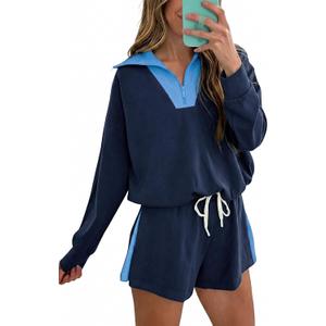 Fisoew Womens 2 Piece Outfits Quarter Zip Sweatshirt Shorts Sets Sweatsuits, XXL