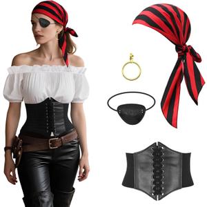 Pirate Costume for Women with Accessories Renaissance Short sleeve Blouse Belt Headscarf Set Cosplay (Medium, White+stripe)