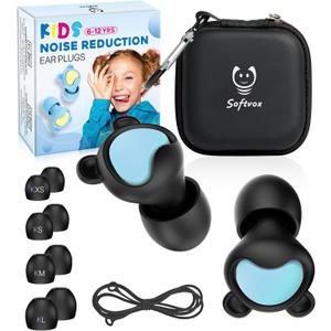 Kids Earplugs (5-12 yrs) with String Hearing Protection for Adult Children with Small Ear Canals, Noise Sensitivity Ear Plugs for Home, School, Playtime - 8 Tips in XS/S/M/L- 26 dB Soundproof (Black+green+cord)