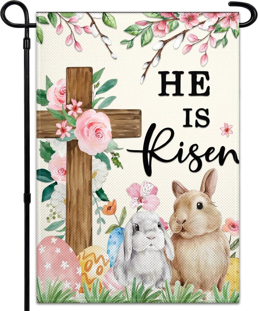 Easter Garden Flags for Outside 12x18 Inch Double Sided He Is Risen Garden Flag Easter Bunny Garden Flag for Outdoor Indoor House Lawn Sign Decor