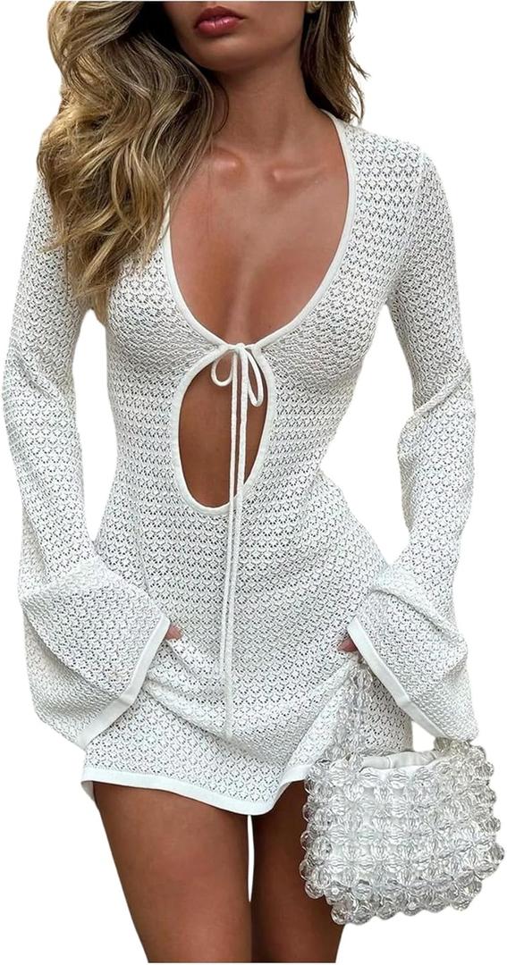 SOLY HUX Women's Hollow Out Crochet Long Bell Sleeve Mini Sweater Dress Tie Front V Neck Summer Beach Coverup Dresses (L)