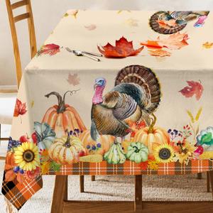 Thanksgiving Tablecloth 60120 Inch, Thanksgiving Decorations Turkey Table Cloth for Rectangle Buffalo Plaid, Orange Decor Pumpkin Tablecloths Polyester Vintage for Picnic Party Dinner
