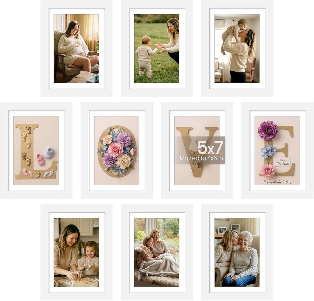 upsimples 5x7 Picture Frame Set of 10, Display Pictures 4x6 with Mat or 5x7 Without, Multi Photo Frames Collage for Wall or Tabletop Display, White