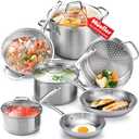 Mueller Pots and Pans Set 11-Piece, Ultra-Clad Pro Stainless Steel Cookware Set, Ergonomic and EverCool Stainless Steel Handle, Includes Saucepans, Skillets, Stockpot, Saute Pan, Steamer