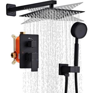 Matte Black Rainfall Shower Head, Wall Mounted 8 Inch Shower Heads with Handheld Spray Combo, Luxury Bathroom Square Rain Shower System, Solid Brass Pressure Balancd Shower Faucet Valve