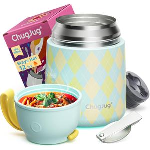 Thermo for Hot Food for Adults Kids | Wide Mouth, 18 oz Insulated Food Jar with Spoon, Leakproof Soup Thermo for School Office Travel, Thermal Steel Lunch Container Easy to Carry (Green) (18 Fluid Ounces, Mint Rrhombus)