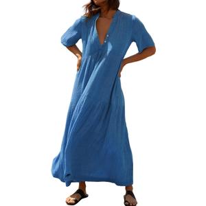 R.Vivimos Womens Summer Cotton Flowy Maxi Dress Short Sleeve V Neck Empire Waist Boho Tiered Ruffle Casual Loose Long Dresses (Blue, L)