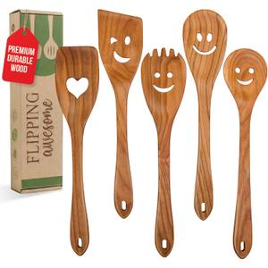 MFC 5-Piece Wooden Cooking Spoons - Kitchen Set from Natural Cherry Wood - Wooden Spoons for Cooking - Funny Utensil Set with Smiley Faces - Cooking Multipurpose Wood Utensils