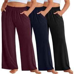 3 Pack Women Plus Size Wide Leg Pants Loose Fit Palazzo Lounge Yoga Sweatpants High Waist Casual Pajamas Pants (5X-Large, Wine Red, Blue, Black)