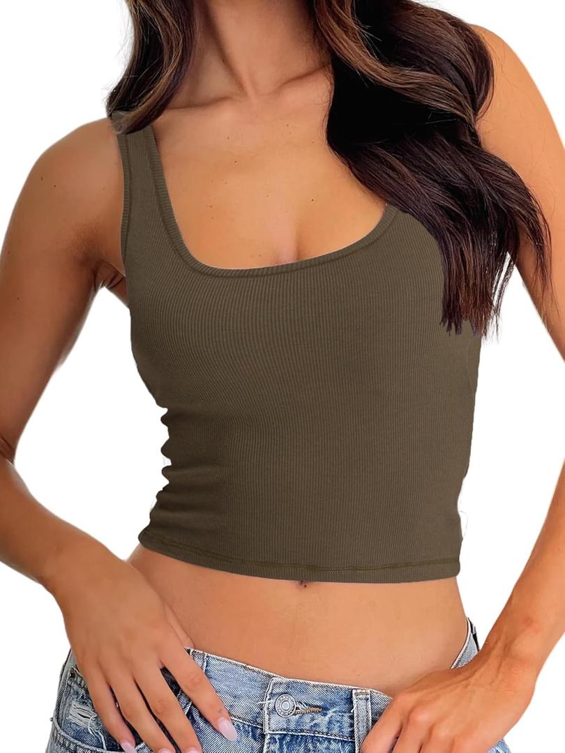 Danysu Women Rib Tank Top Padded Workout Top Square Neck Crop Tank Fitted Basic Cami Tops (X-Small, Olive Vibe)