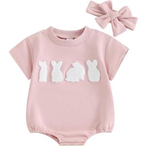 FYBITBO Newborn Baby Girl Easter Outfit Bunny Romper Short Sleeve Bodysuit Jumpsuit Headband Infant My First Easter Clothes (Pink Bunny Embroidery, 12-18 Months)