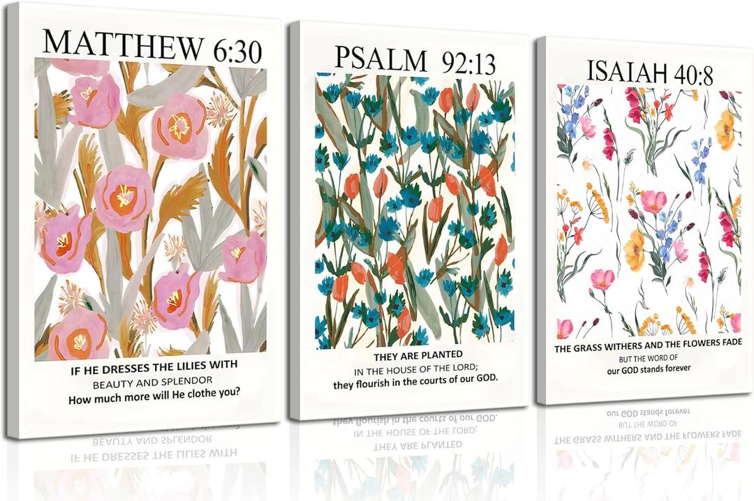 3Pcs Framed Bible Verse Wall Art, Christian Floral Scripture Posters Canvas Paintings Prints Wall Decor Pictures for Bedroom Living Room Home Decoration, Ready to hang (12x16in)