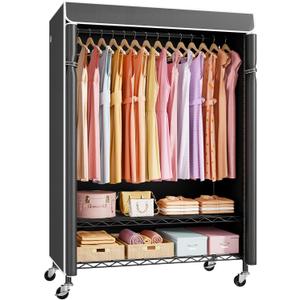 ULIFHOME P6C Plus Rolling Clothes Rack with Cover, Covered Clothing Rack Heavy Duty, Portable Closet for Hanging Clothes, Garment Rack on Wheels, Black Closet Rack with Black Cover, Max Load 375LBS