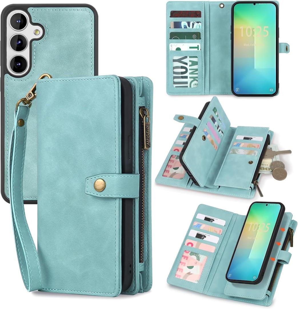 TwoHead for Samsung Galaxy S25 Plus Wallet Case with Card Holder, Detachable Magnetic Phone Case for S25 Plus, PU Leather All-Round Protective Phone Case Wallet with Wrist Strap, Blue