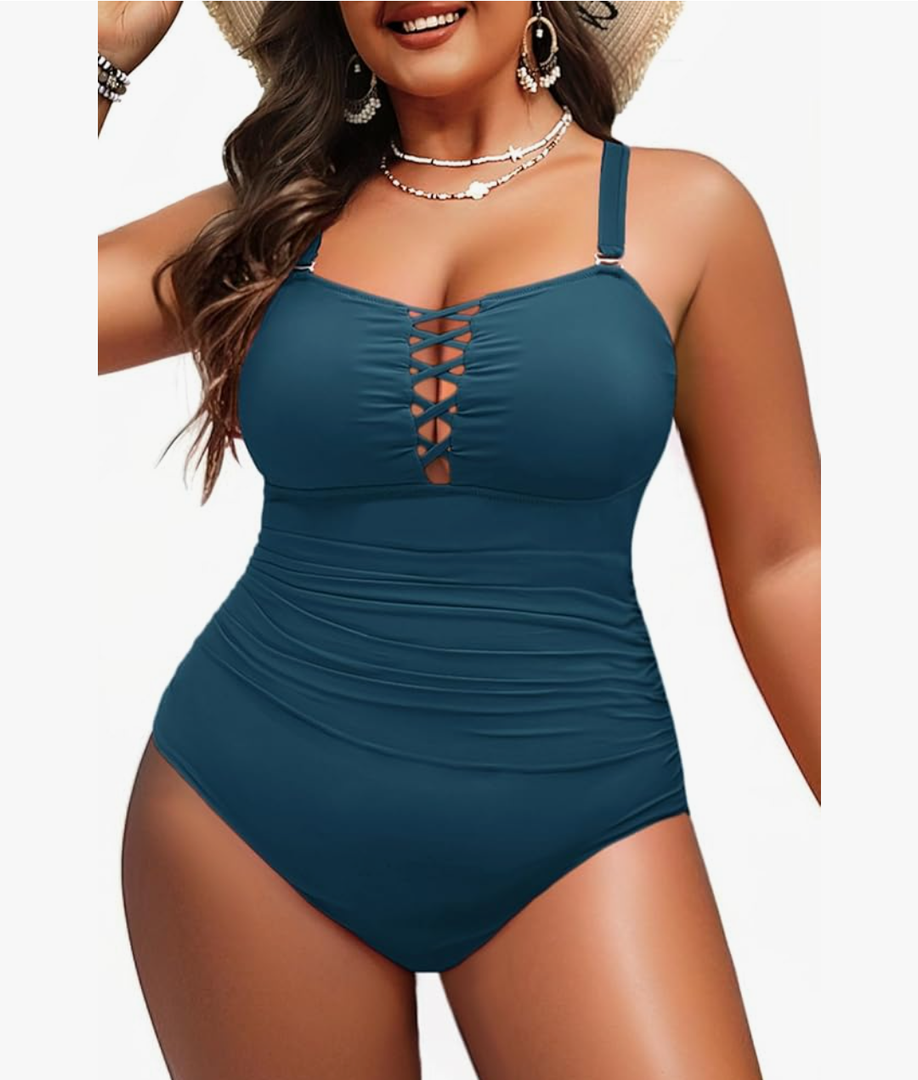 Yonique Women Plus Size One Piece Swimsuits Tummy Control Bathing Suits Vintage Swimwear 18W, Peacock Blue 