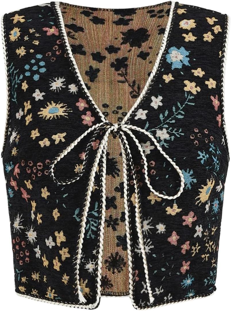 SweatyRocks Women's Floral Embroidered Tie Front Crop Vest Tops Boho Country Concert Cowgirl Western Outfits (Medium, Black)