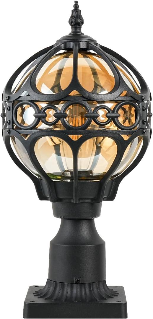 Outdoor Lamp Post Lights, Aluminum Rust-Proof Globe Post Light for Porch Front Door Driveway Lawn Garden, Black Sphere Exterior Pillar Post Light, Hardwired 3" Pier Mount Post Lantern (Black no sensor-17.5"(H))