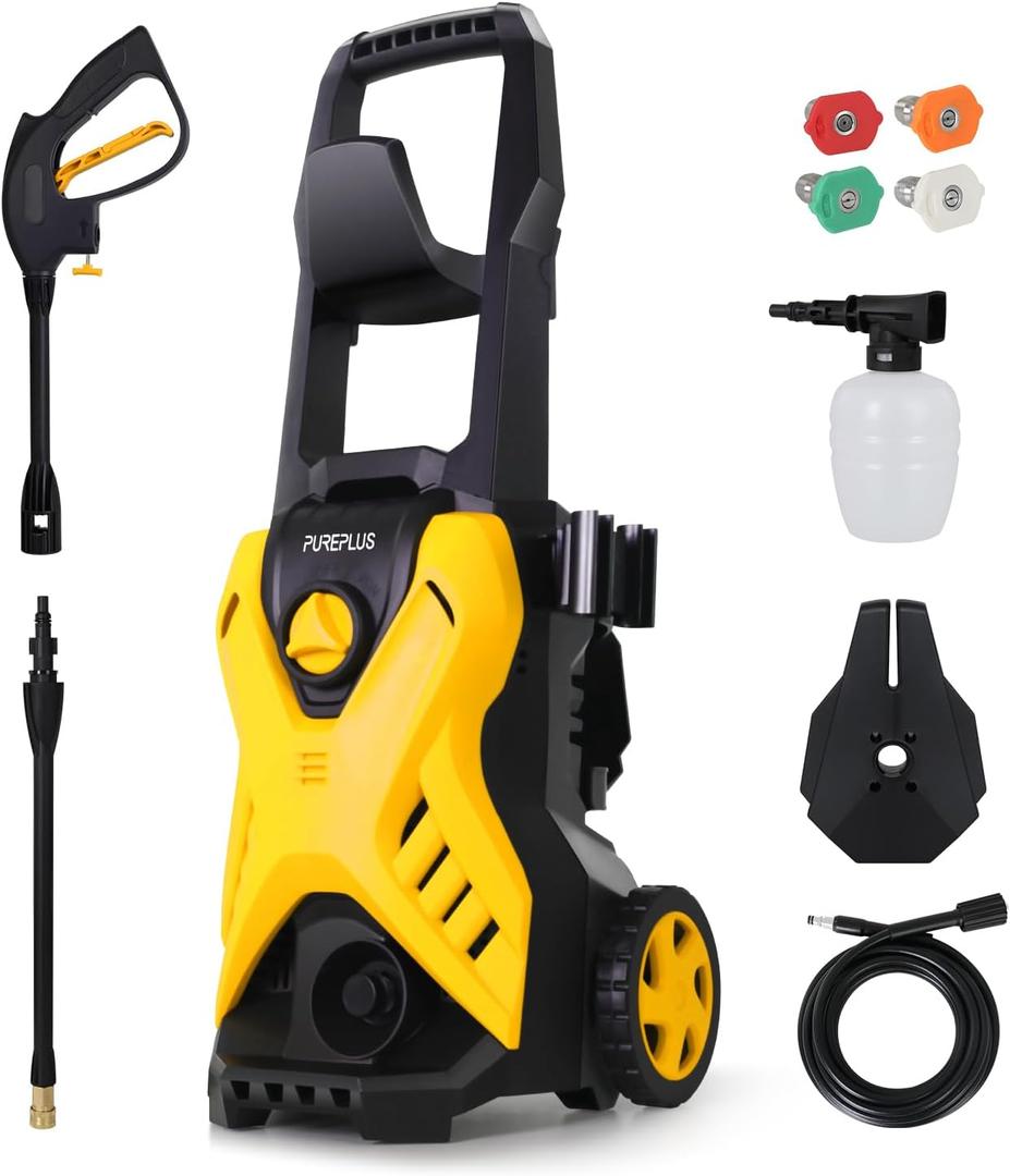 PUREPLUS Electric Pressure Washer, Max 3000 PSI 1.8 GPM Car Power Washer, with 4 Quick-Connect Nozzles, Soap Cannon, 35 FT Power Cord, 20FT Hose and Spray Gun for Cleaning Cars, Gardens, Yellow