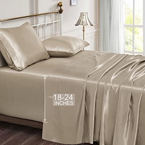 Vonty Satin Sheets California King Sheet Set - Extra Deep Pocket, Cooling & Silky Satin, Taupe, 4 Piece