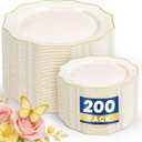 WDF 200PCS Ivory Scalloped Plastic Plates with Gold Rim - Fancy Disposable Plates - Include 100 Dinner & 100 Dessert Cream Plastic Plate for Party - Heavy Duty Plate for Wedding/ Bridal Showers