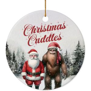 Christmas Ornament - Christmas Cuddles Ceramic Ornament, Funny Santa and Bigfoot Ornament, for Cryptid Lovers, Sasquatch Tree Decoration