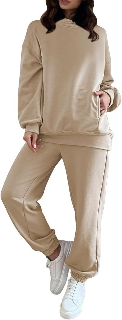 Fixmatti Women Hoodies Tracksuit Long Sleeve Sweatshirts Jogger Pant 2 Piece Outfits (Beige, M)