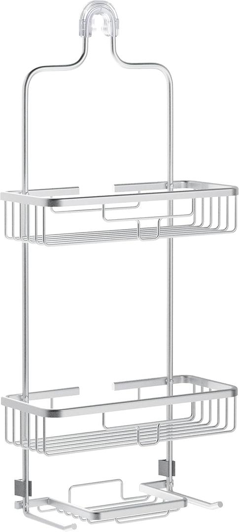 Zenna Home Rustproof Shower Caddy Hanging Bathroom Organizer, Aluminum Shower Rack with 2 Shelves and Built in Hooks, Premium Over Shower Head Storage System, Satin Chrome