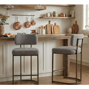 26" H Counter Height Bar Stools Set of 2, Modern Linen Fabric Upholstered Barstools with Backrest for Kitchen Island, Black and Brown Metal Frames