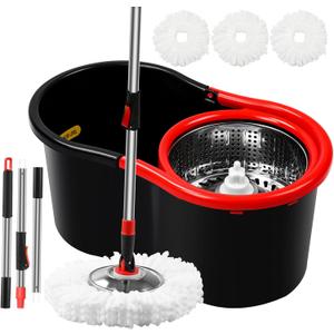 Spin Mop and Bucket with Wringer Set,360 Mop and Bucket System with 3 Microfiber Mop Refills and 50" Extended Handle for Floor Cleaning (Black)