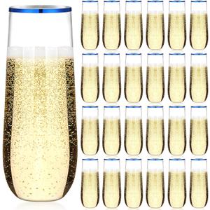 Norme 24 Pcs 9 oz Plastic Champagne Flutes Stemless Plastic Champagne Glasses Shatterproof Mimosa Glasses Rim Wedding Toasting Flutes Unbreakable Disposable Clear Champagne Cups for Party (Blue)