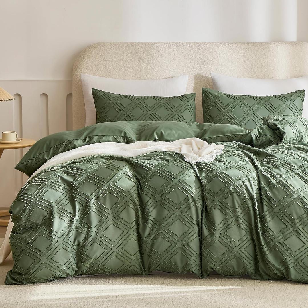 JELLYMONI Duvet Cover Full Size Green - 3PCS Boho Duvet Cover Set Plaid Polyester Tufted Bohemian Jacquard Knit Textured Comforter Cover 8090in Rhombic Geometric Pattern Corner Ties & Zipper