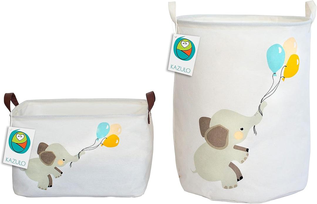 KAZULO Elephant Baskets 2 Pack Set, Kids Laundry Baskets, Baby Hamper for Nursery, Laundry Hamper (Elephant and Balloons Bundle)