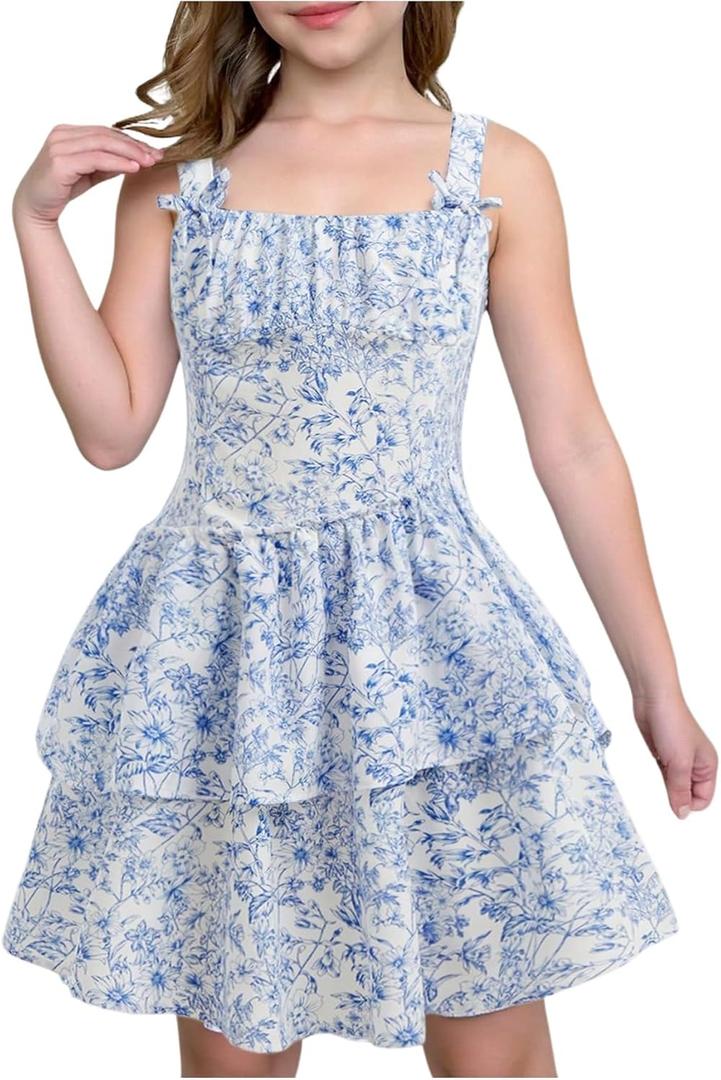 Floerns Girl's Cute Bowknot Floral Short Dress Sleeveless Boho Tiered Dresses