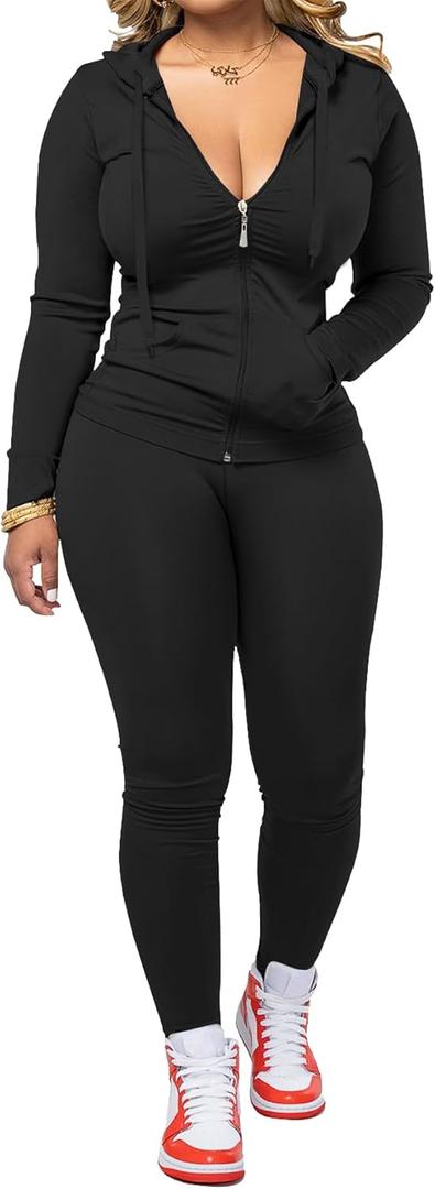 AUXDIO Women 2 Piece Outfits Casual Workout Sets Bodycon Tracksuit Zip Up Long Sleeve Hoodle Jacket Jogger Pants Set (Medium, Black)