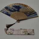 OMyTea "Landscape 8.27"(21cm) Folding Hand Held Fan - with a Fabric Sleeve for Protection for Gifts - Japanese Vintage Retro Style (Kanagawa Sea Waves)